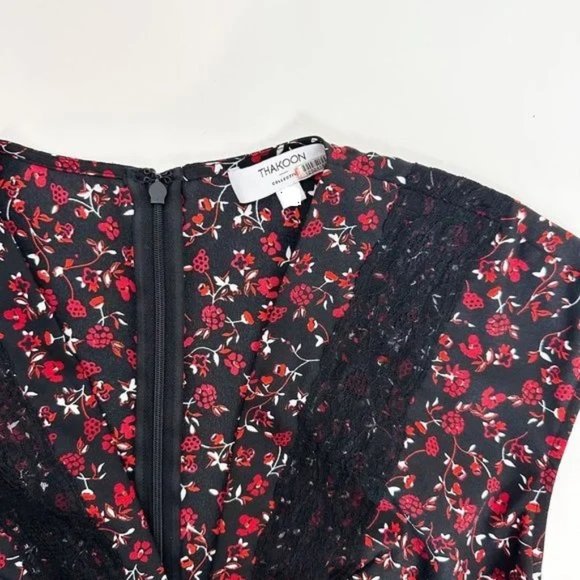 Thakoon Collective Paisley Tie Front Midi Dress Black and Red Floral - Picture 9 of 12